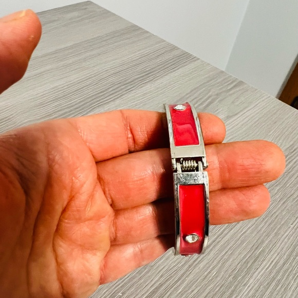 Vintage Silver and Pink Enamel Hinged Bangle Bracelet with CZ Diamonds, EUC - Picture 4 of 6